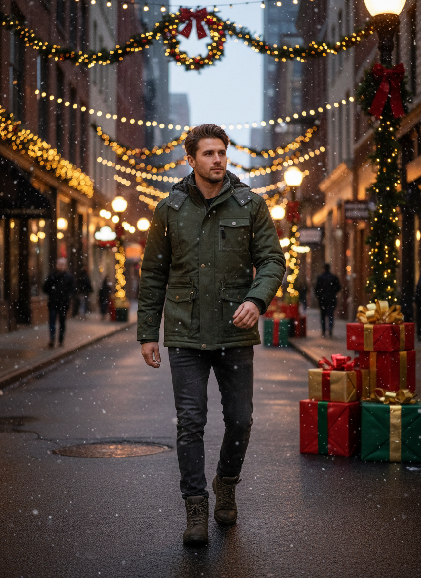 Men's zip-up jacket on urban downtown street with holiday lights