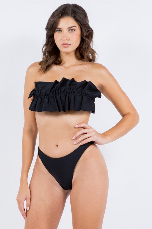 Mermaid Swimwear Black Ruffle bandeau top with high-cut bikini bottom on model