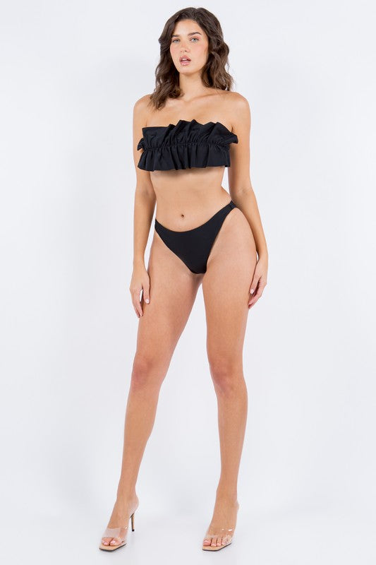 Mermaid Swimwear Black Ruffle strapless bikini with high-cut bottoms worn by model