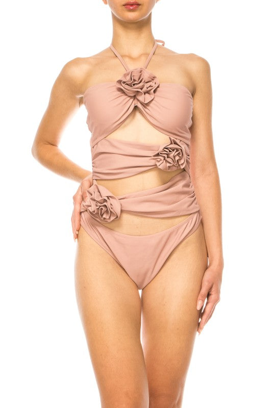 Mermaid Swimwear Floral Wrap blush pink swimsuit with floral accents and wrap design for women