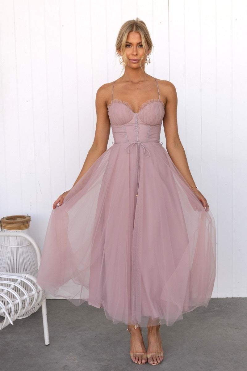 CJ Mesh Party Evening Dress in Soft Pink with Sweetheart Neckline and Flowy Skirt