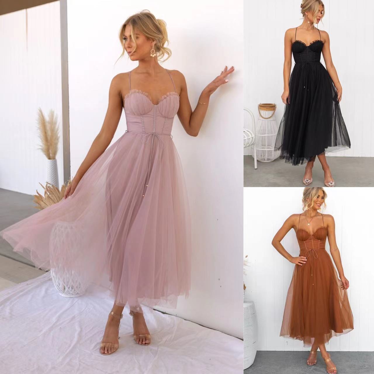 Mesh Party Evening Dress in pink, black, and brown with a stylish design and flowy skirt