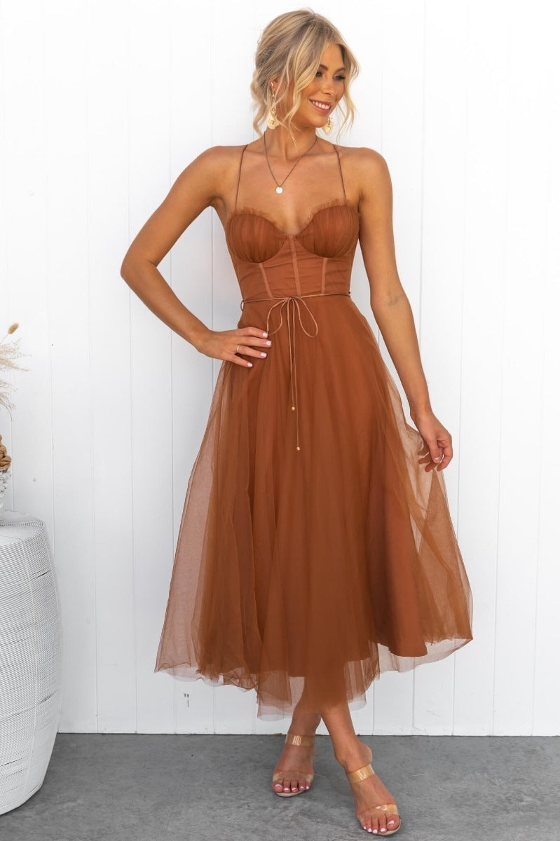 CJ Mesh Party Evening Dress in Brown with a fitted bodice and flowy skirt for stylish occasions