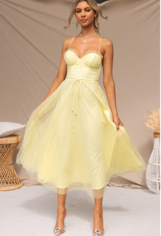 CJ Mesh Party Evening Dress in yellow featuring a fitted bodice and flowing skirt for elegant occasions