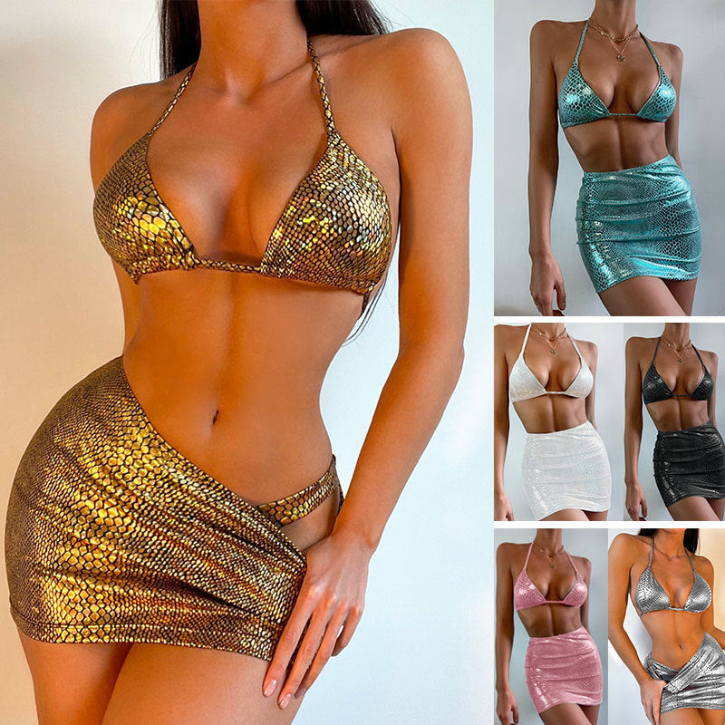Trendsi Metallic Three-Piece Bikini Swimsuit available in gold, teal, white, black, pink, and silver colors