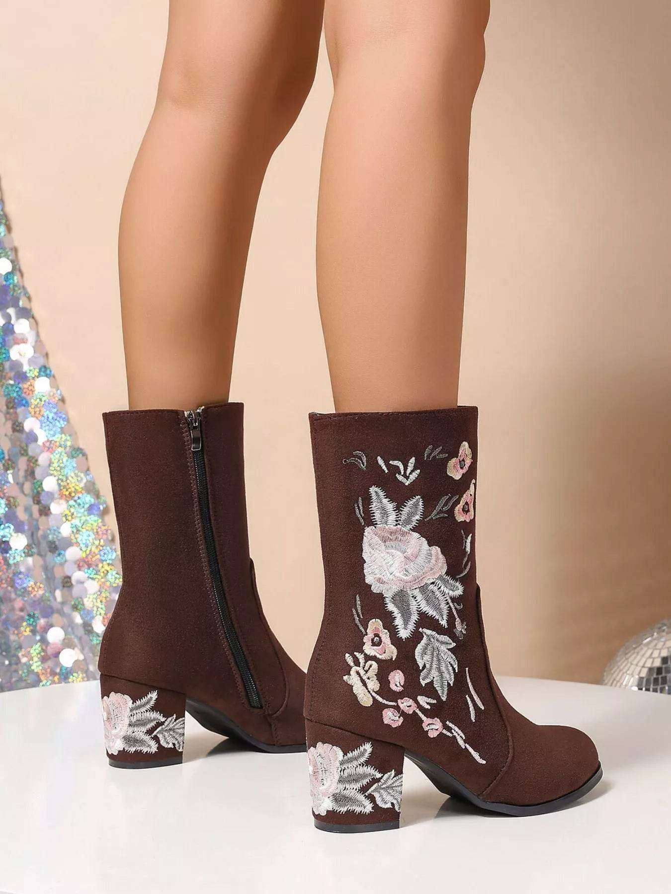 Floral Embroidered Block Heel Boots - Mid Heel PU Leather Boots - Fashions Envy