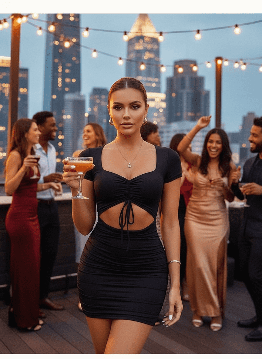 Stylish black mini dress with cutout design, perfect for night out or party events