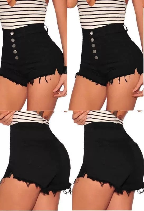 Trendsi black high-waist button-up shorts with metal buttons frayed hem modeled with striped tank top