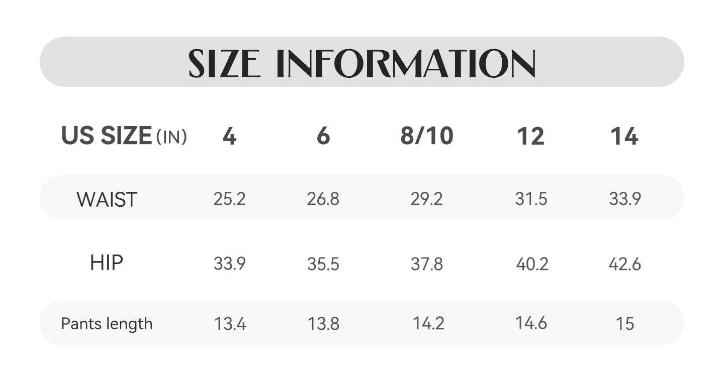 Trendsi size chart for black high-waist button-up shorts showing US sizes 4-14 with waist hip and length measurements