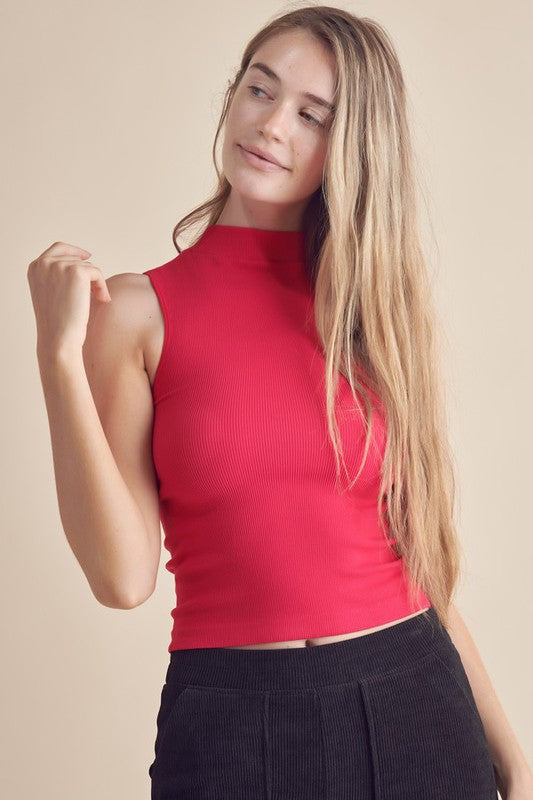 Yelete Red Mock Neck Tank Top for Women with a Slim Fit and Ribbed Texture