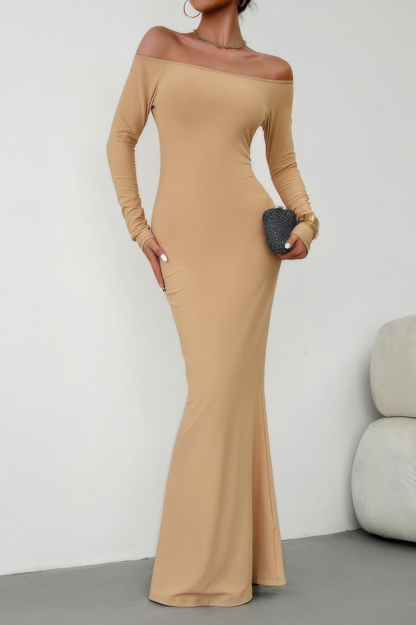 CCWHOLESALECLOTHING beige off shoulder bodycon dress long sleeve floor length slim mermaid silhouette