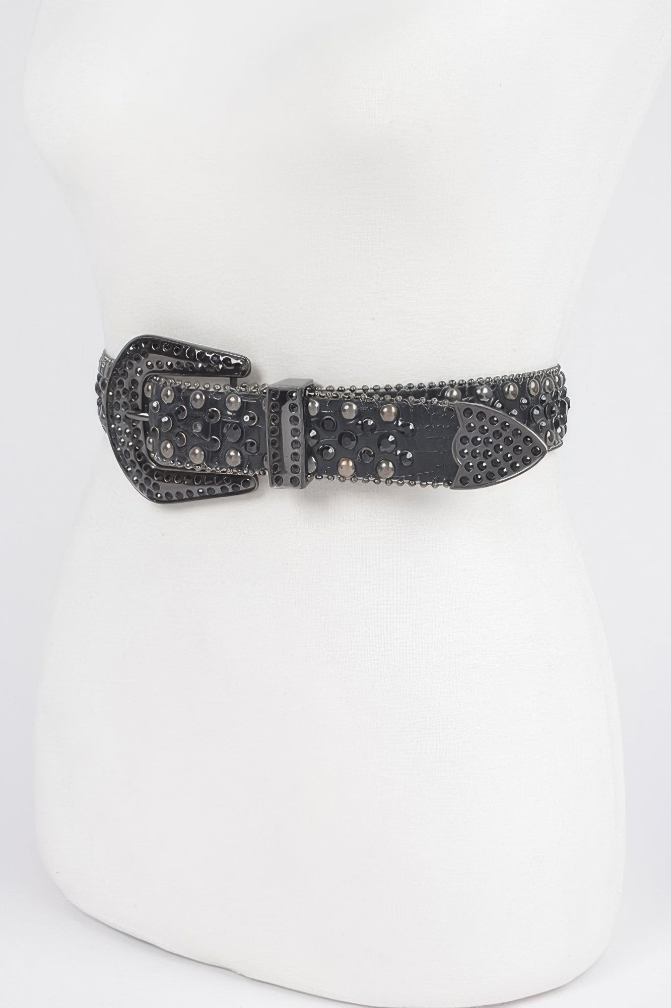 CCWHOLESALECLOTHING rhinestone studded metal belt in gunmetal black with western buckle and stud detail