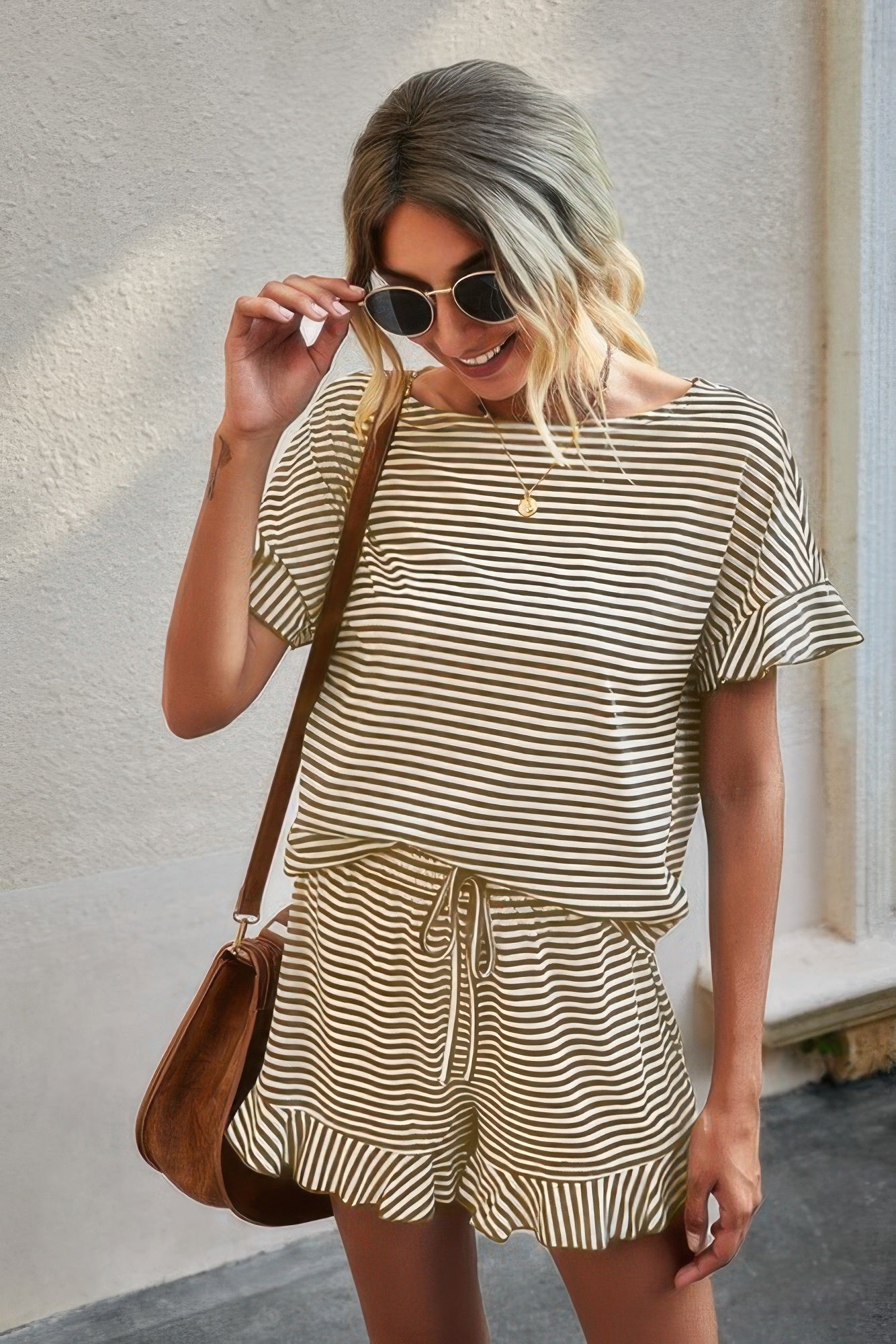 CCWHOLESALECLOTHING beige and white striped short set for women with ruffle sleeves drawstring waist