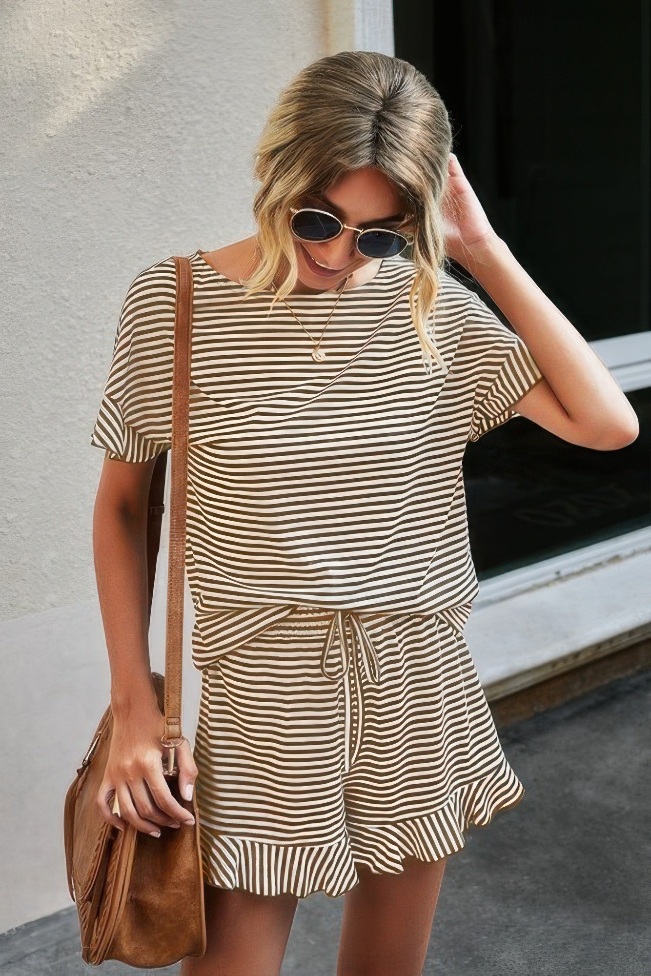 CCWHOLESALECLOTHING striped short set for women tan and white crewneck tee with drawstring shorts ruffle hem