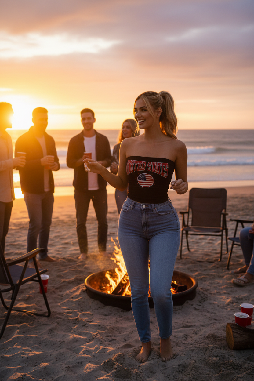 Model in black patriotic tube top at beach bonfire