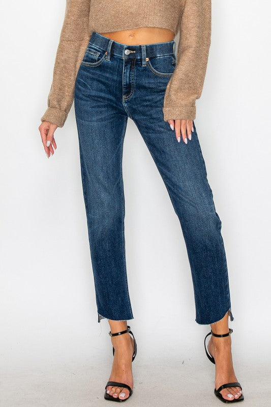 Artemis Vintage dark wash tummy control high rise jeans for women cropped straight ankle slit
