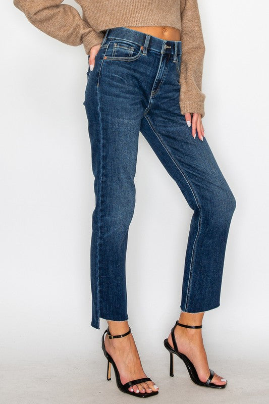 Artemis Vintage tummy control high rise jeans for women dark wash cropped straight leg with raw hem
