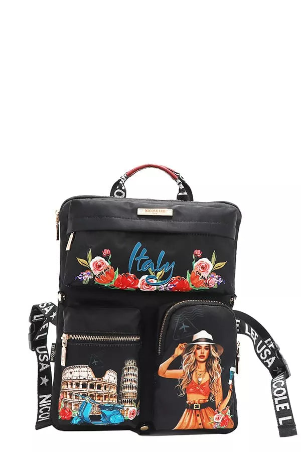 Trendsi Multi-Pocket Travel Backpack with Floral Design and Italian Landmark Prints