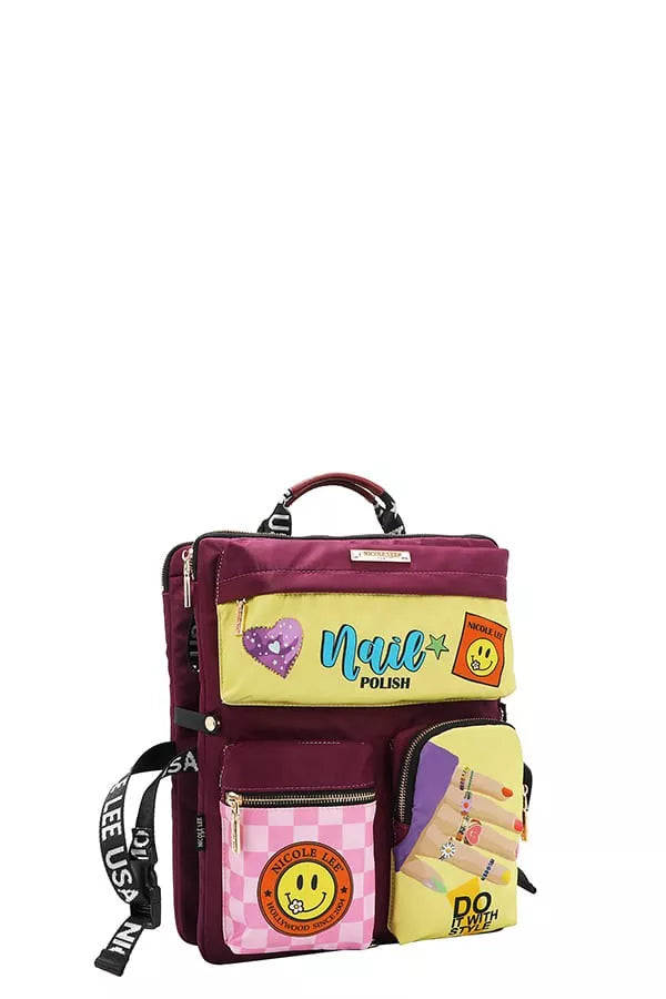 Trendsi Multi-Pocket Travel Backpack in Burgundy with Fun Patches and Colorful Design