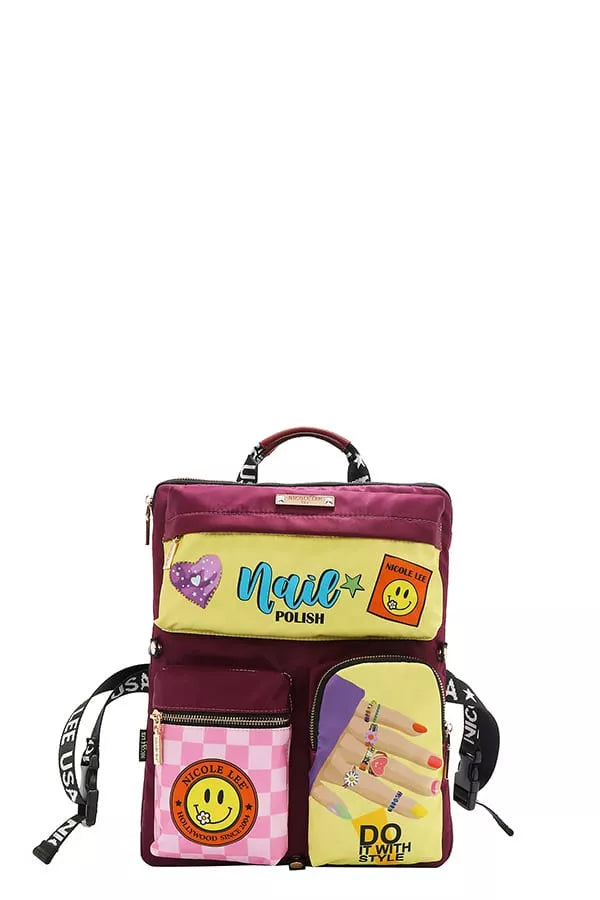 Trendsi Multi-Pocket Travel Backpack in burgundy with fun patches for organized travel and daily use