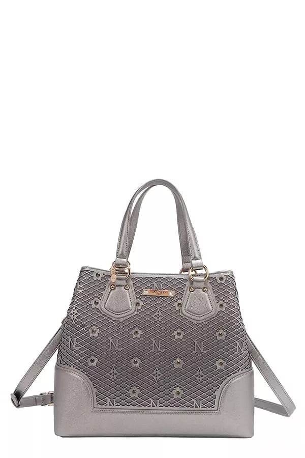 Nicole Lee USA Monogram Pattern Handbag with Rhinestones Decor - Designer Tote - Fashions Envy