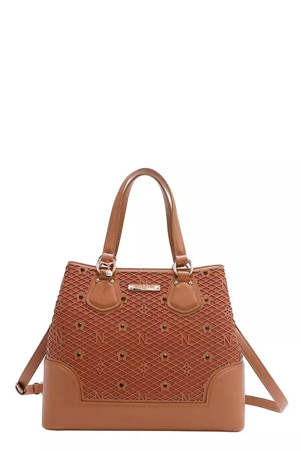 Nicole Lee USA Monogram Pattern Handbag with Rhinestones Decor - Designer Tote - Fashions Envy