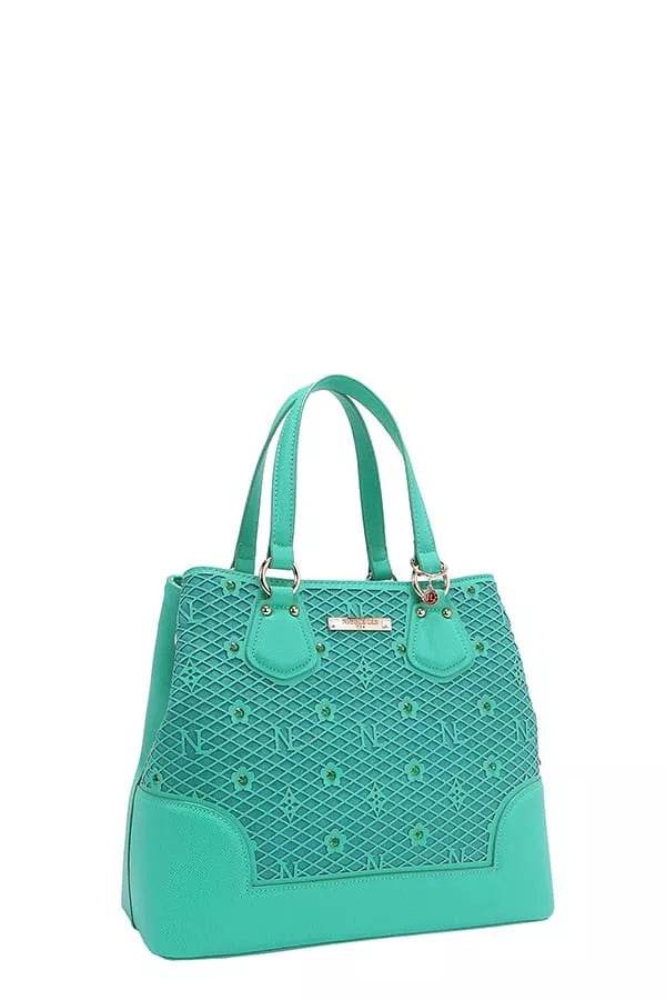 Nicole Lee USA Monogram Pattern Handbag with Rhinestones Decor - Designer Tote - Fashions Envy