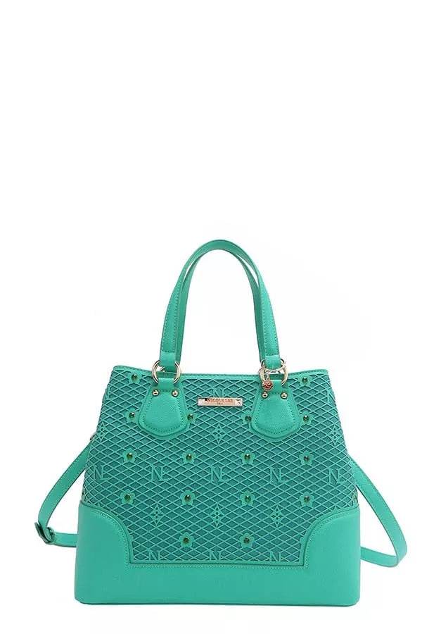 Nicole Lee USA Monogram Pattern Handbag with Rhinestones Decor - Designer Tote - Fashions Envy