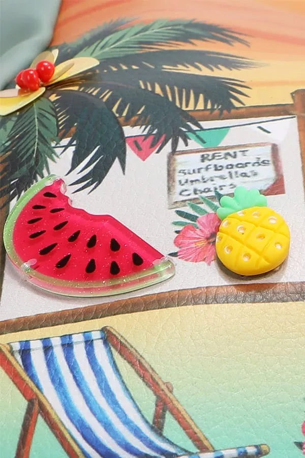 Colorful Sand Hobo Handbag with Fun Tropical Fruit Charms for Summer Outfits