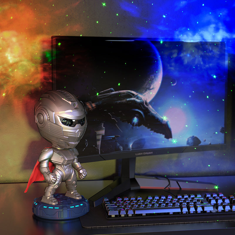 Trendsi mecha samurai night light silver robot figurine with LED star projector base for desk