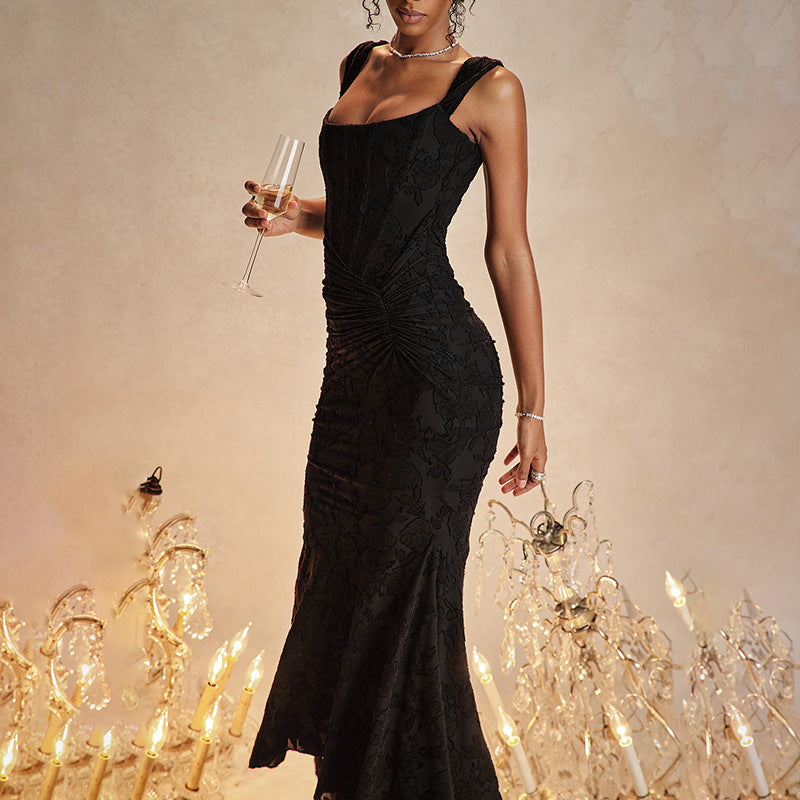 Trendsi black off shoulder backless evening dress with ruched detailing and elegant fit