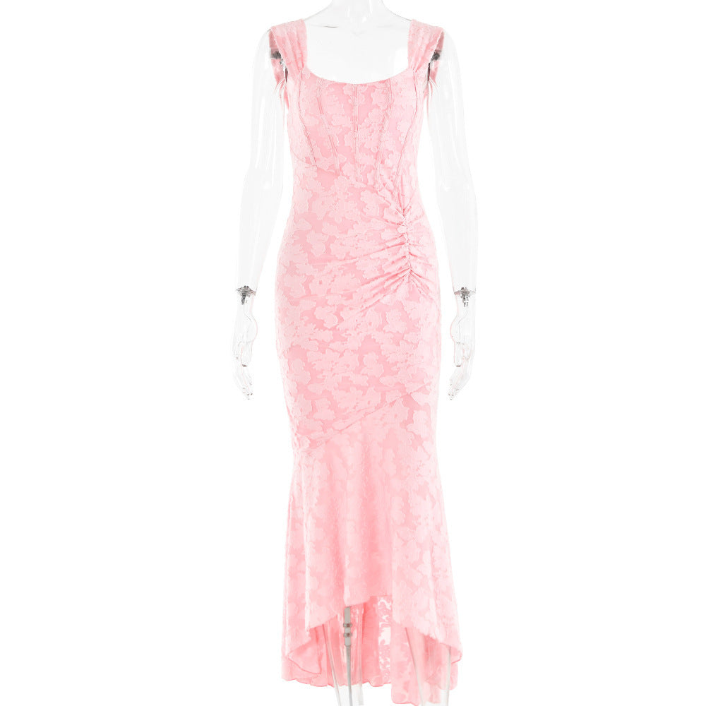 Trendsi pink floral off shoulder backless evening dress with ruched waist and high-low hem