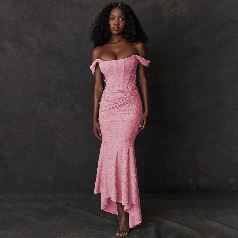 Trendsi pink lace off shoulder backless evening dress with ruched detailing and mermaid hem