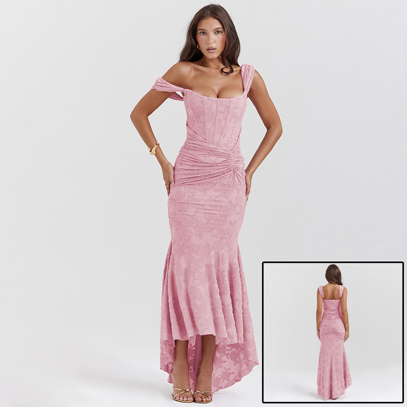Trendsi pink off shoulder backless evening dress with ruched detailing and mermaid hem