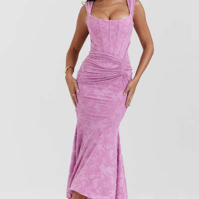 Trendsi pink off shoulder backless evening dress with ruched detail and fitted silhouette