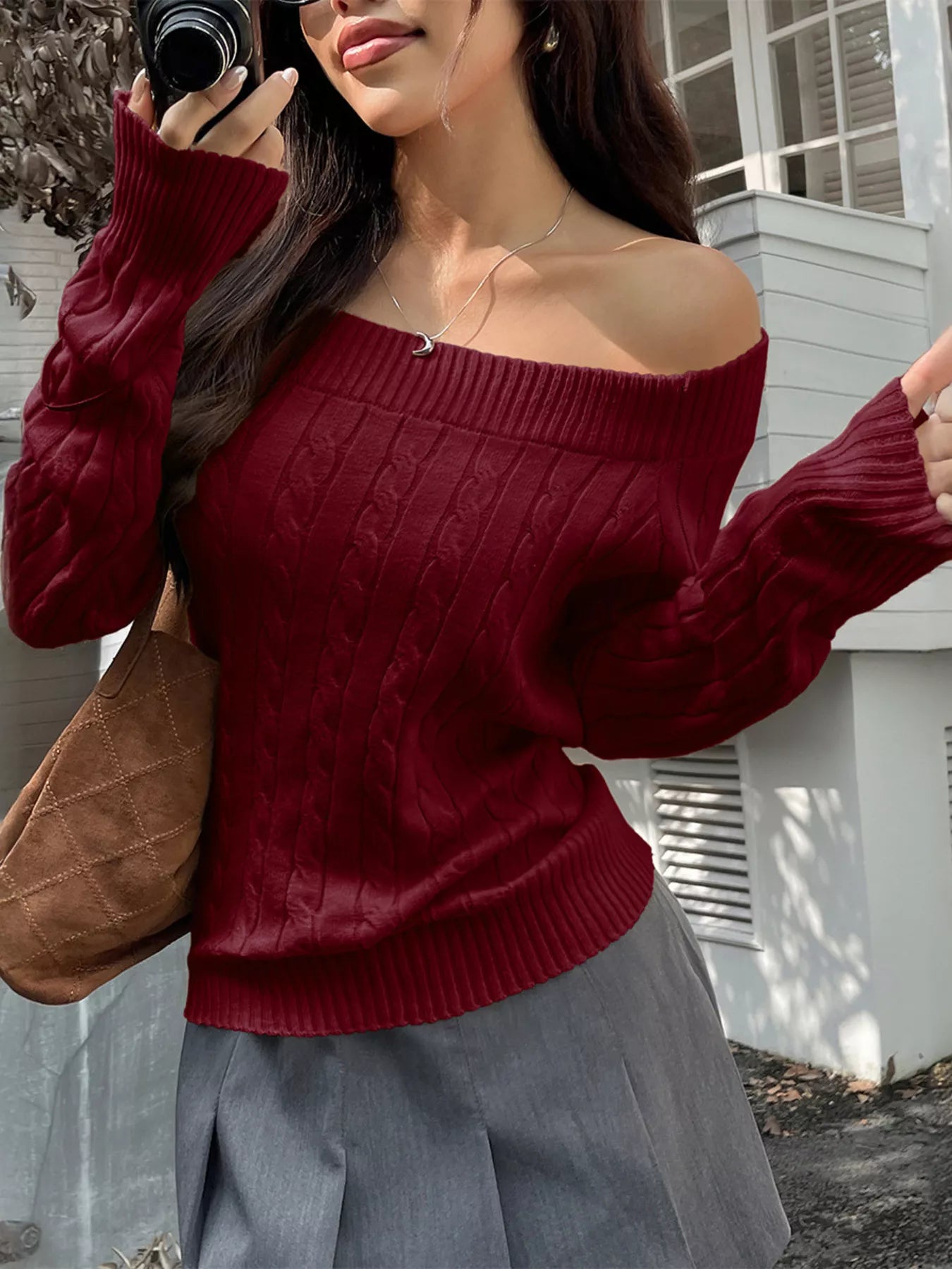 Trendsi Off-Shoulder Sweater in Burgundy with Cable Knit Design for a Stylish Fall Look