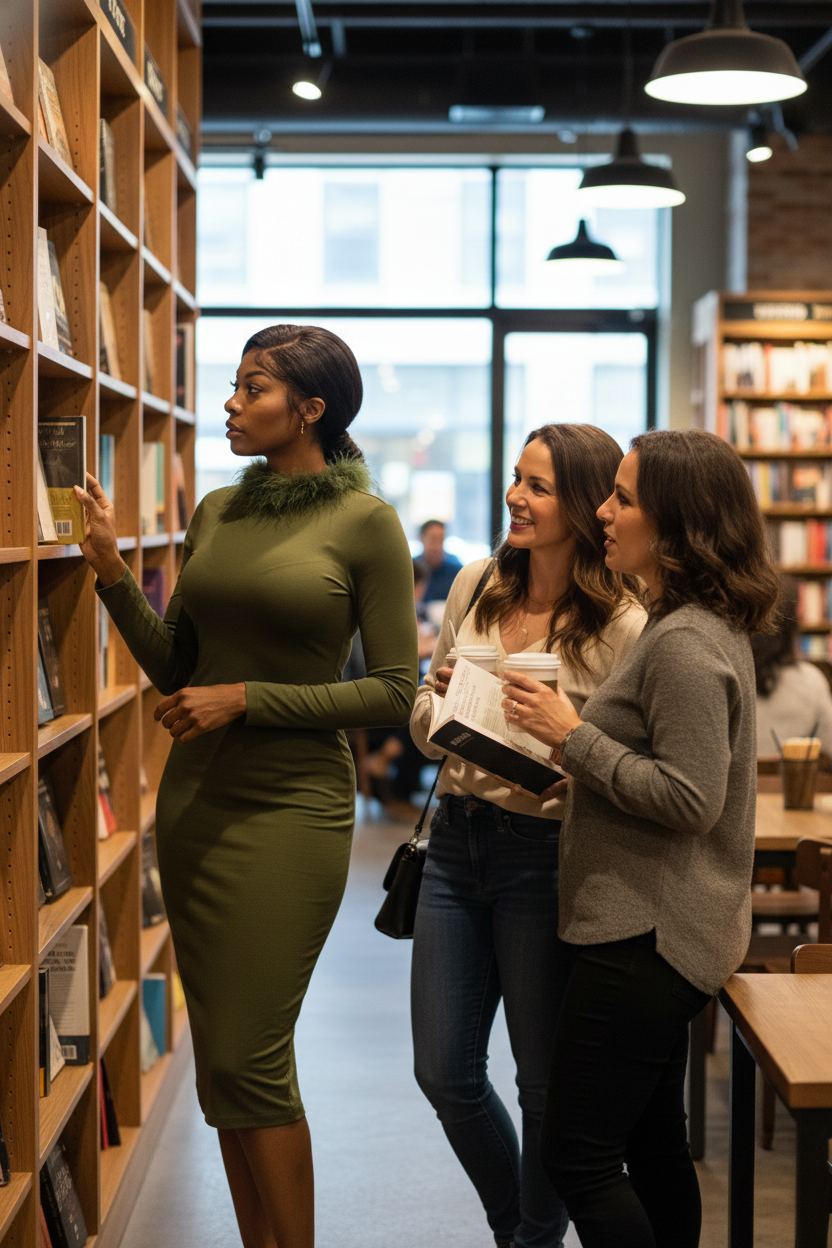 Olive hoodie dress brunette woman