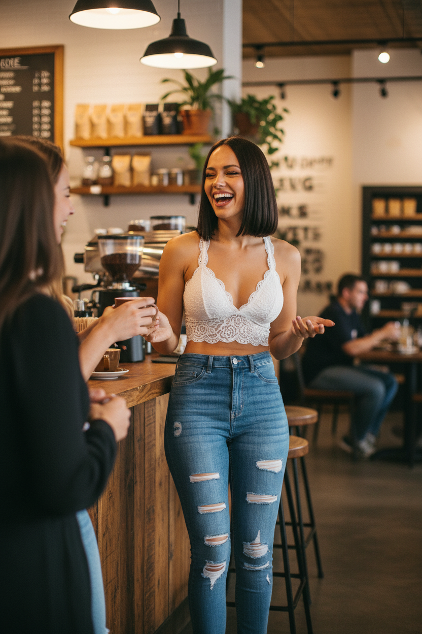 Olive Lace Crop Top - Front View Natural