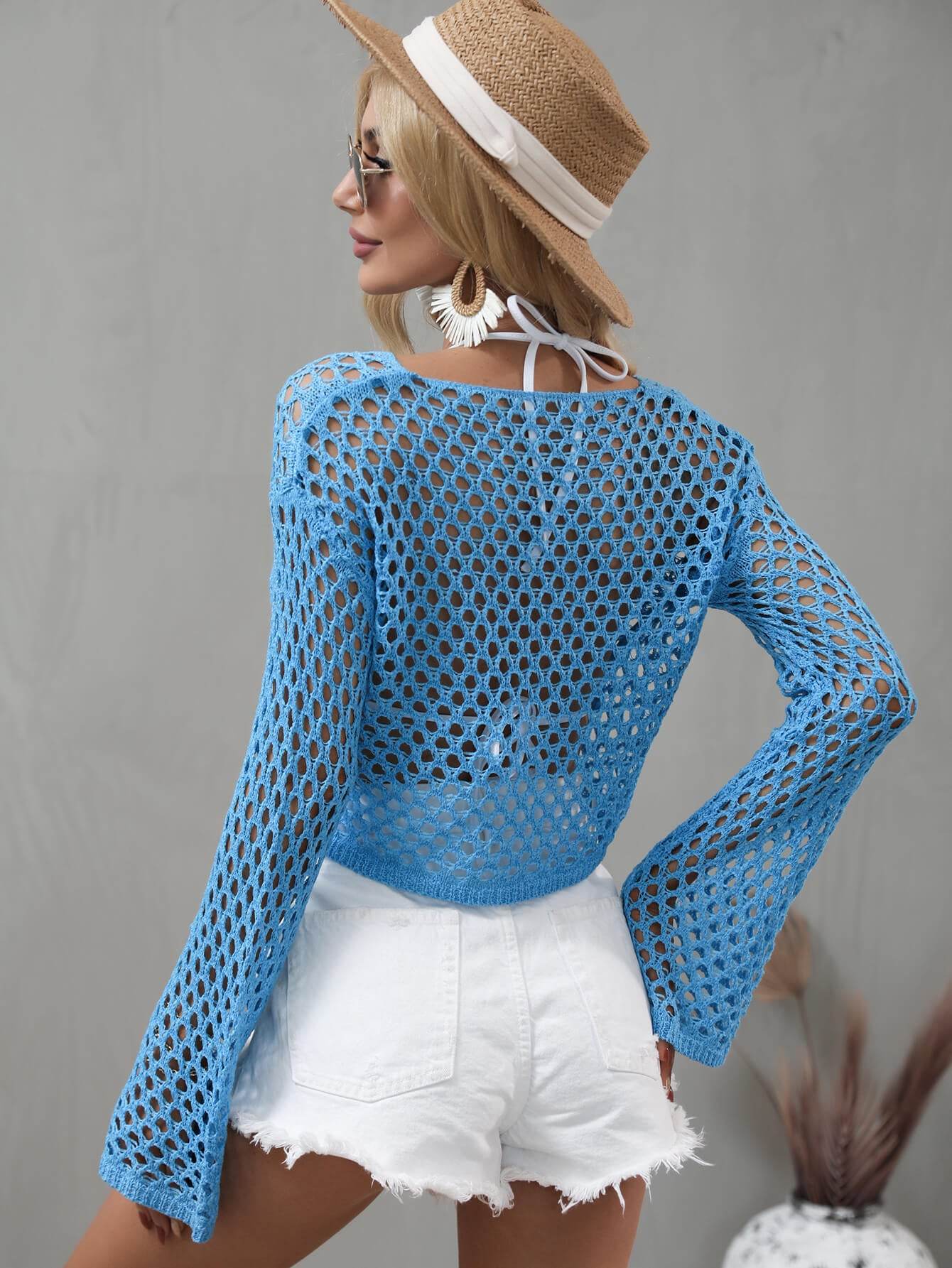 Openwork Flare Sleeve Cover Up - Cropped Summer Beach Top - Fashions Envy