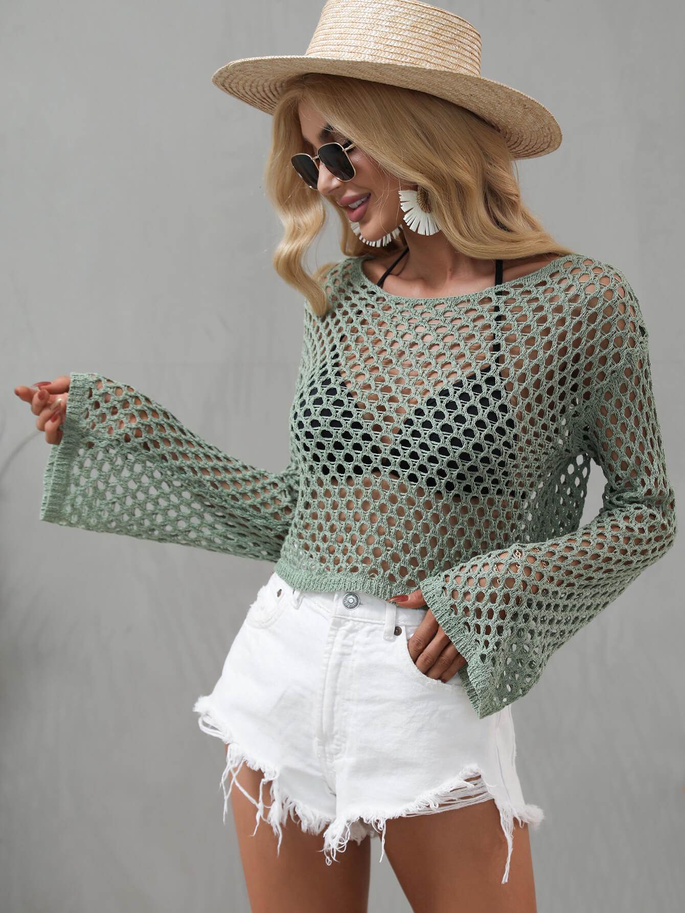Openwork Flare Sleeve Cover Up - Cropped Summer Beach Top - Fashions Envy