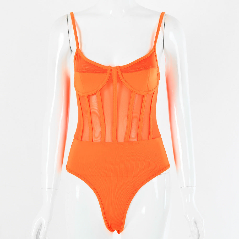 Trendsi orange Corset Style Bodysuit with sheer panels and adjustable shoulder straps