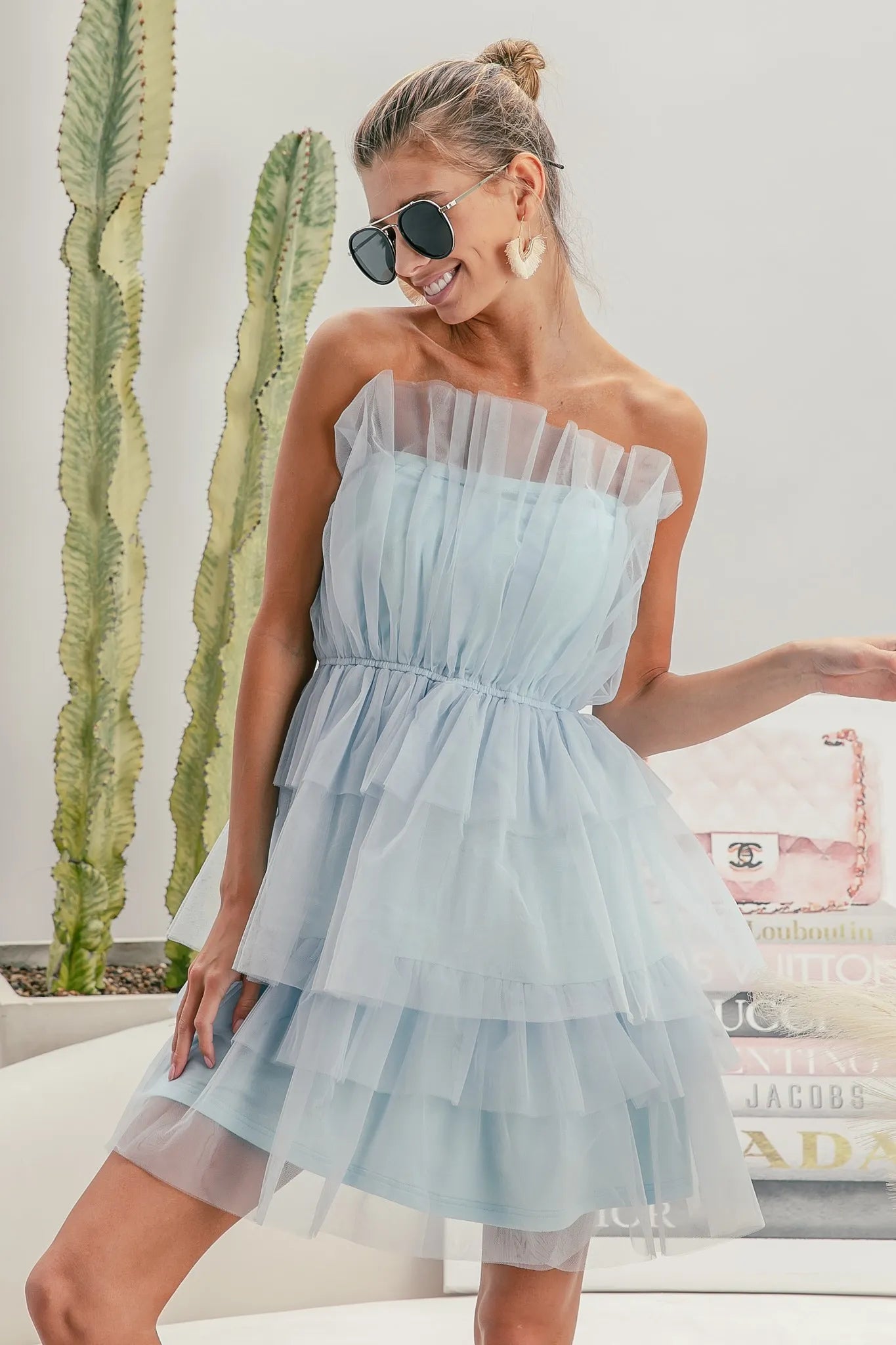 Trendsi Organza Mini Dress in Soft Blue with Tiered Layers for a Stylish Summer Look