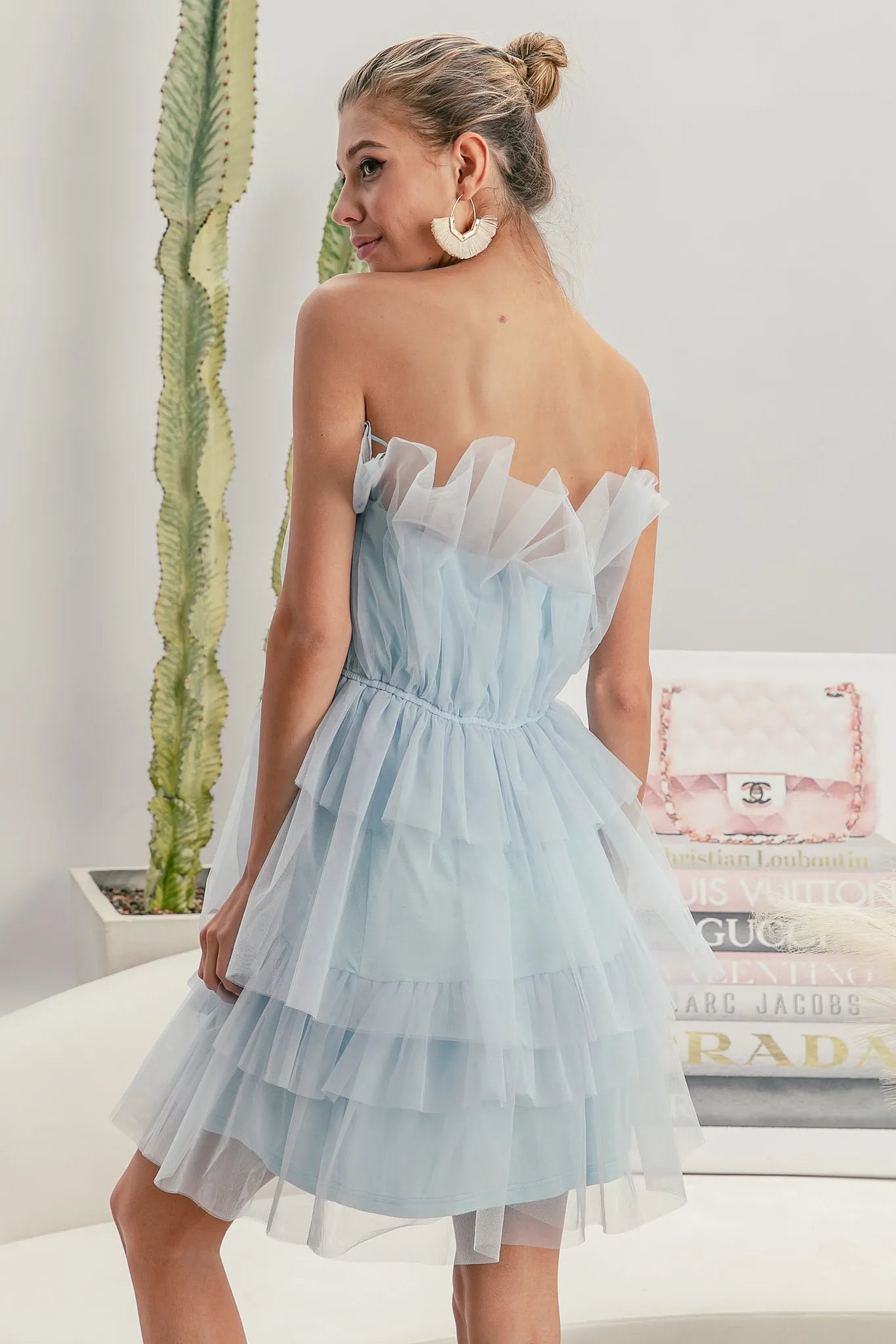 Trendy Organza Mini Dress in Light Blue with Ruffled Layers and Strapless Design