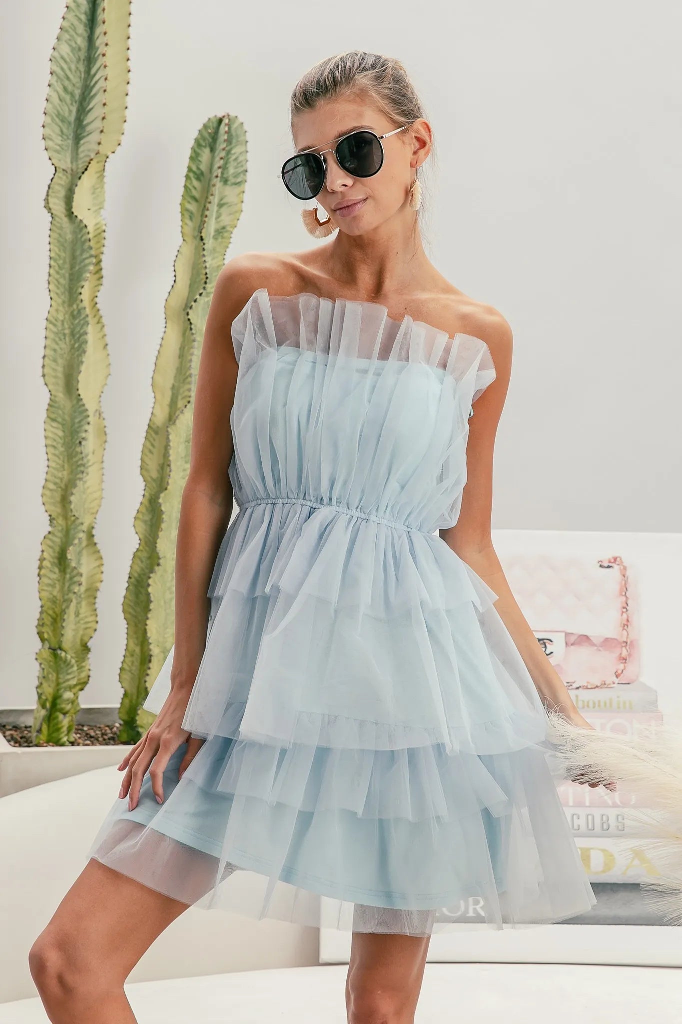 Trendsi Organza Mini Dress in light blue with layered tulle detailing and strapless design