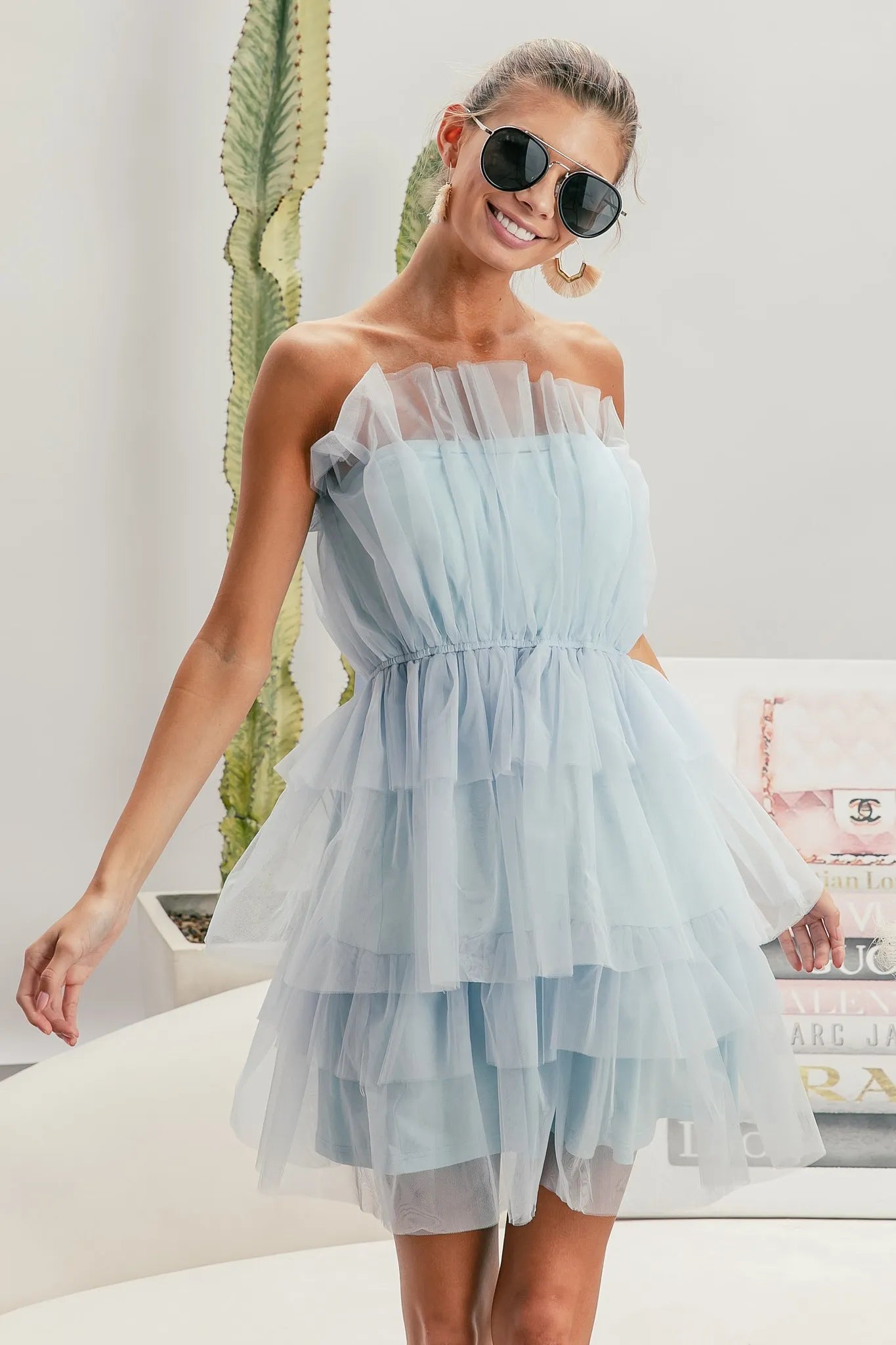 Trendsi Organza Mini Dress in light blue with layered ruffles for a stylish summer look