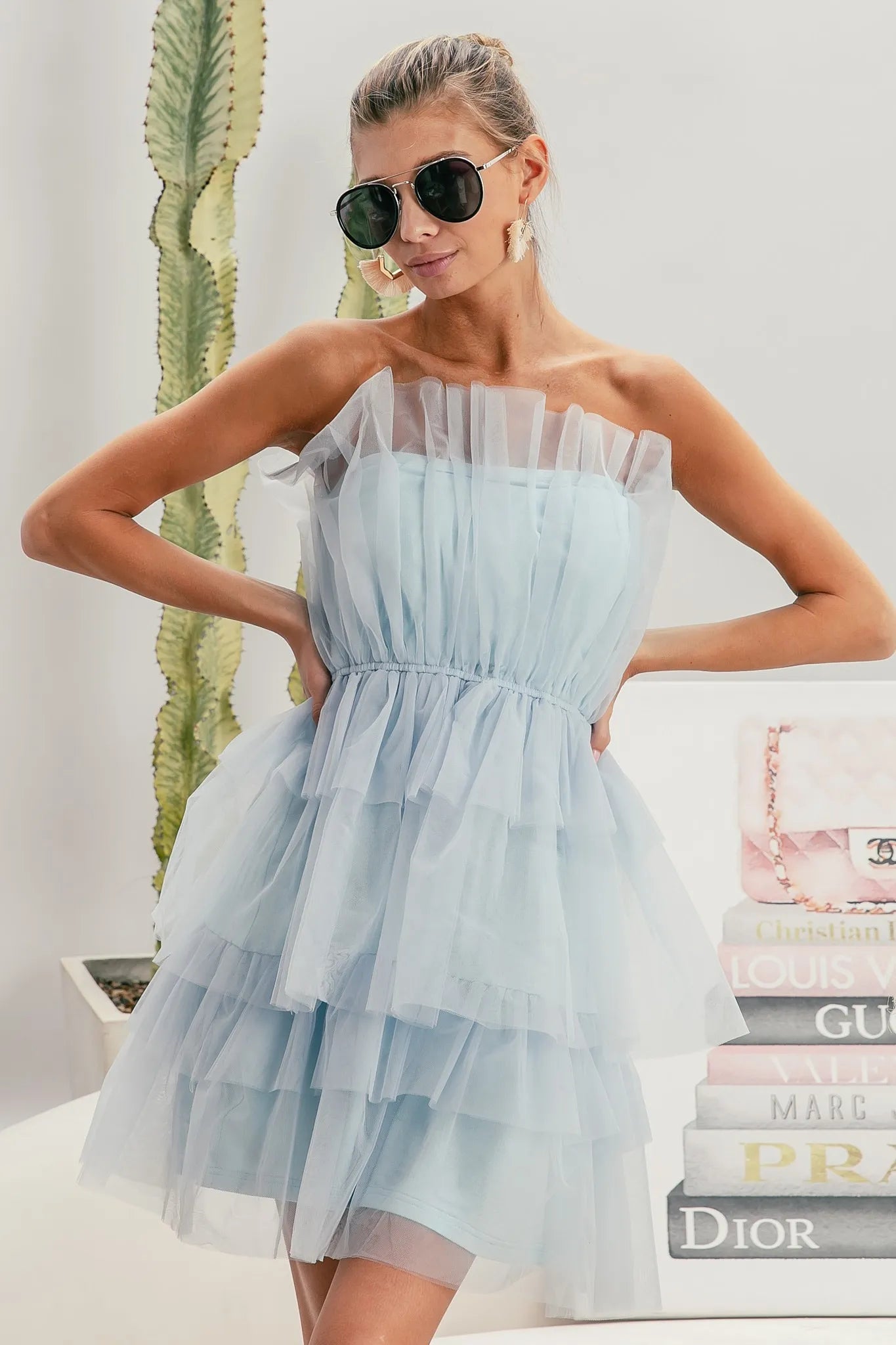 Trendsi Organza Mini Dress in light blue with layered ruffles and strapless design for a stylish summer look