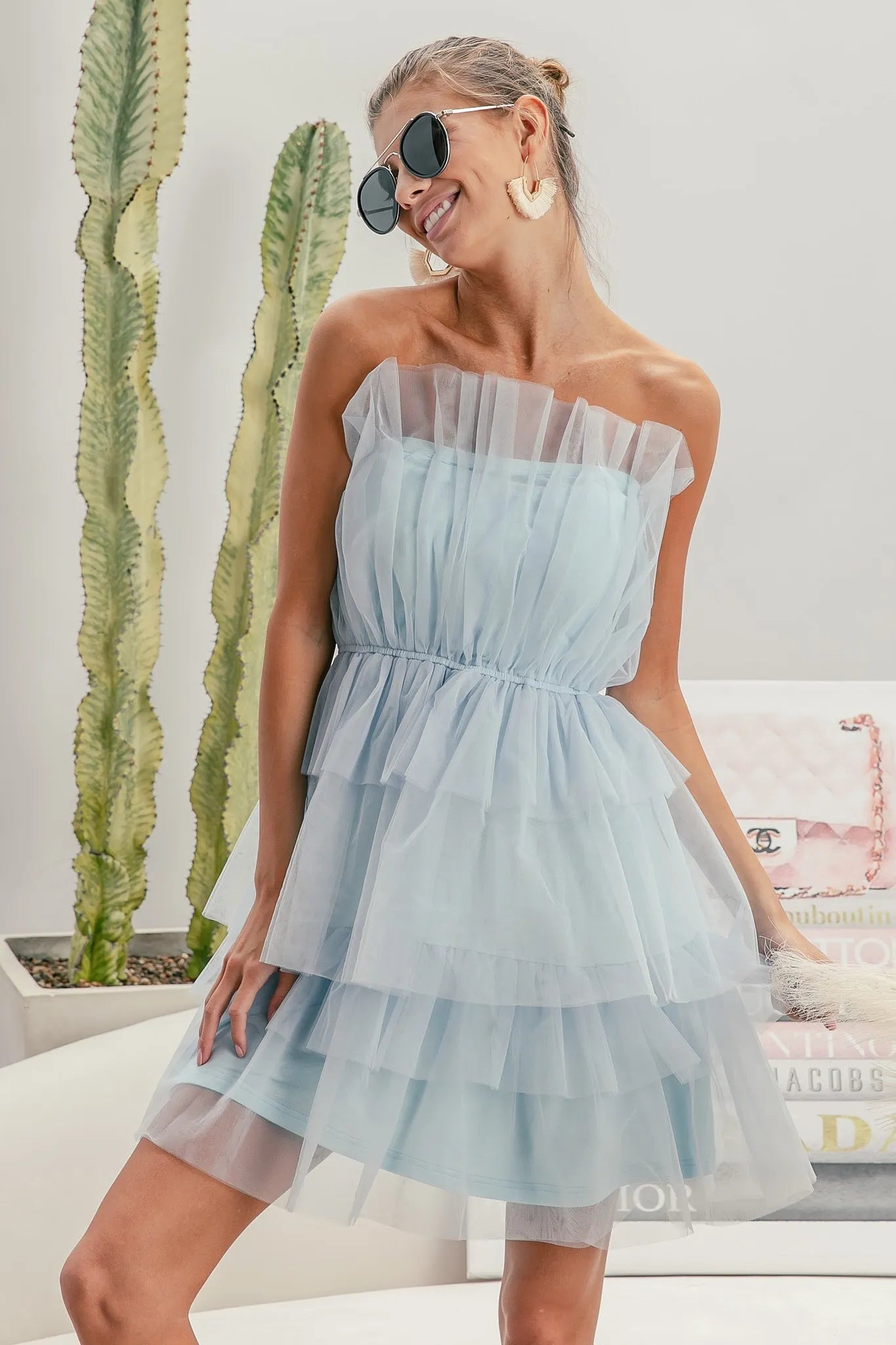 Trendsi Organza Mini Dress in light blue with layered ruffles and strapless design for summer outings