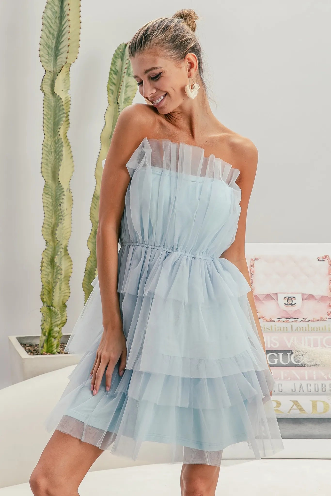 Trendsi Organza Mini Dress in light blue with ruffled layers for a stylish summer outfit