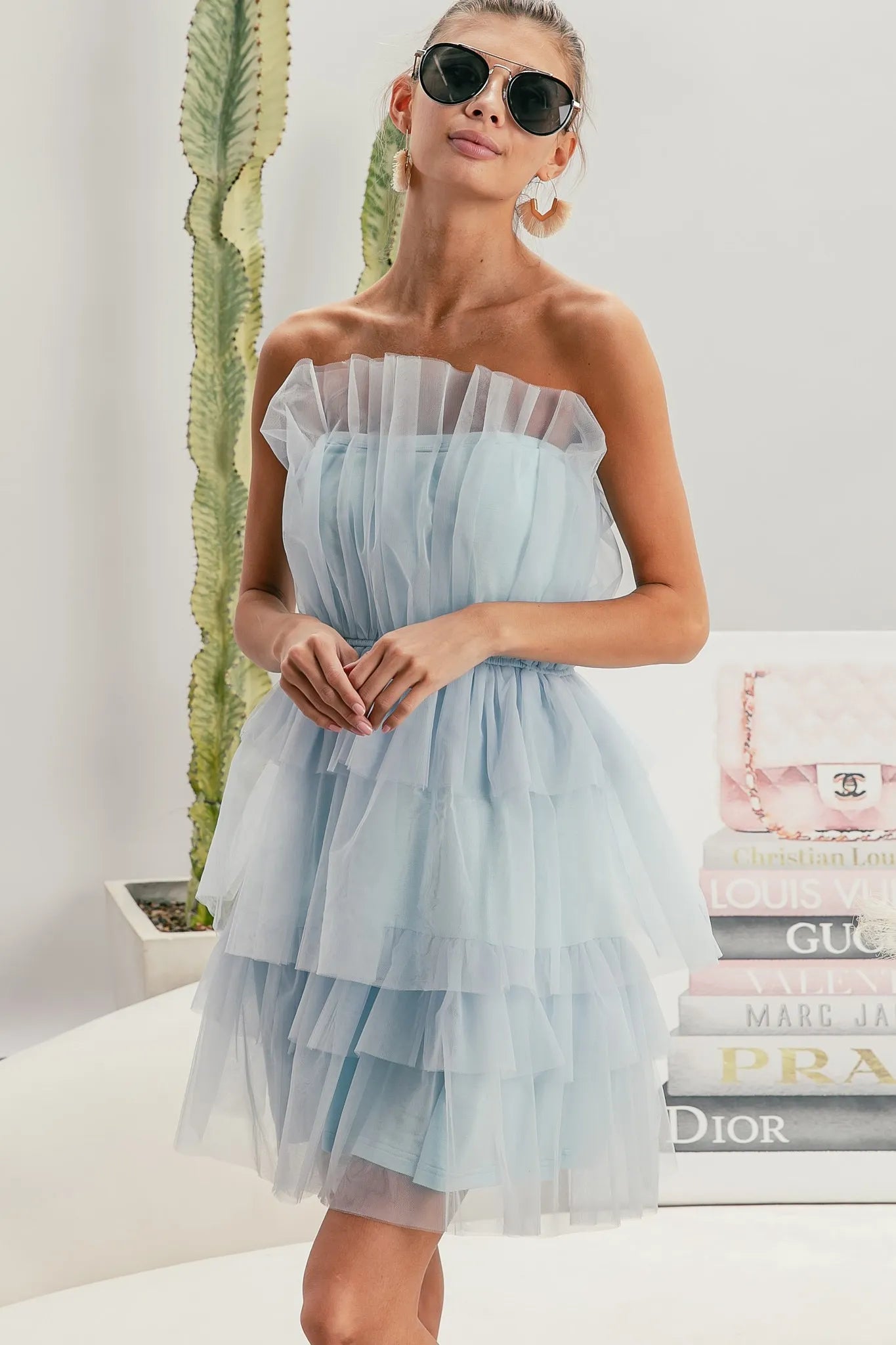 Trendsi Organza Mini Dress in light blue with ruffled layers, perfect for summer outings