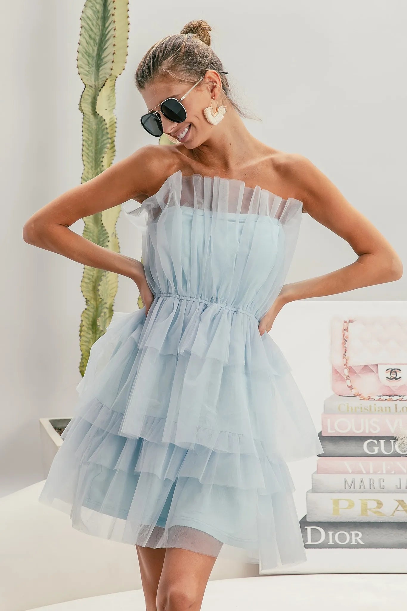 Trendsi Organza Mini Dress in light blue with ruffled layers and strapless design for a stylish look